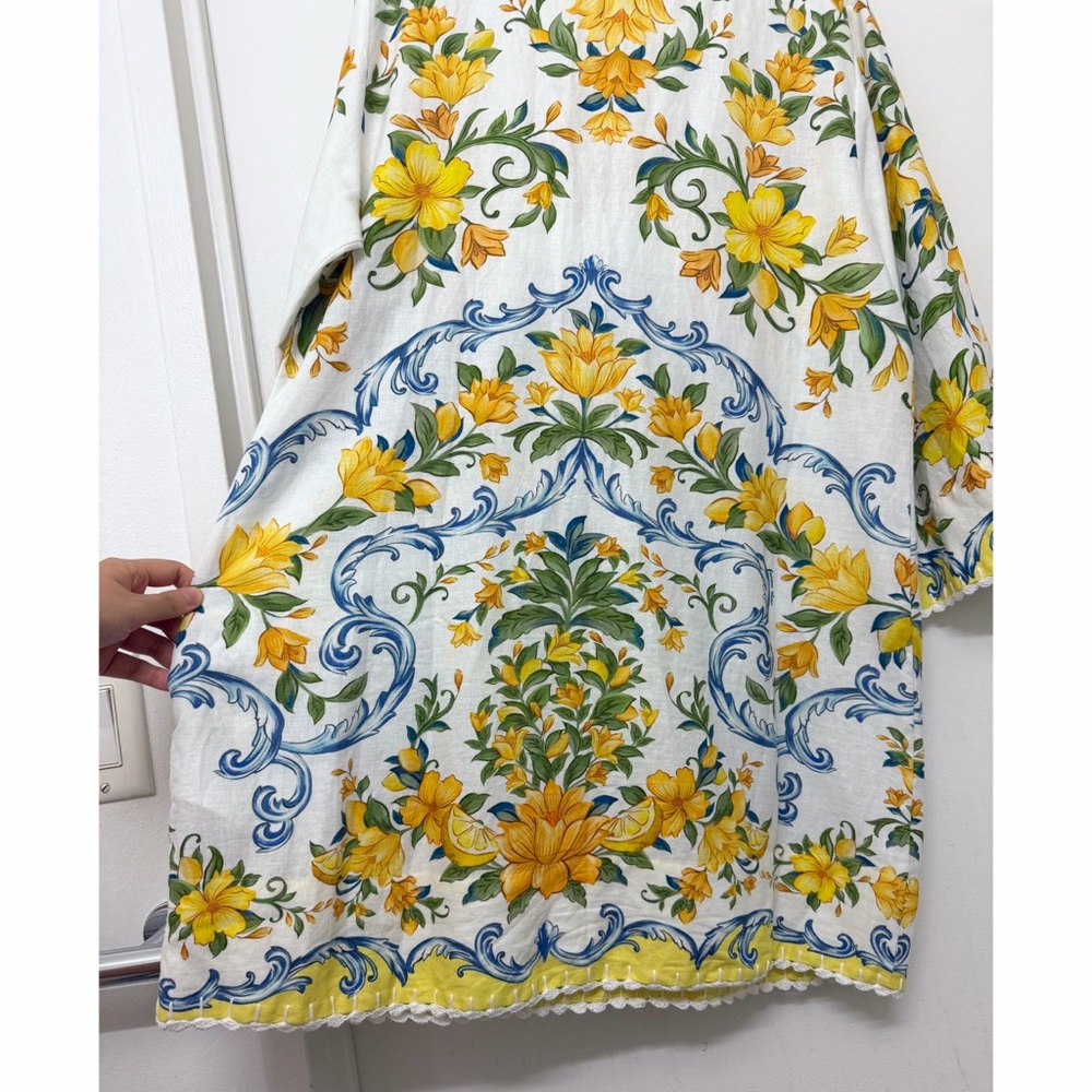 Farm Rio Sicily Scarf Lemon Print Mini Dress Yellow Fruit Floral Linen L - Picture 15 of 16